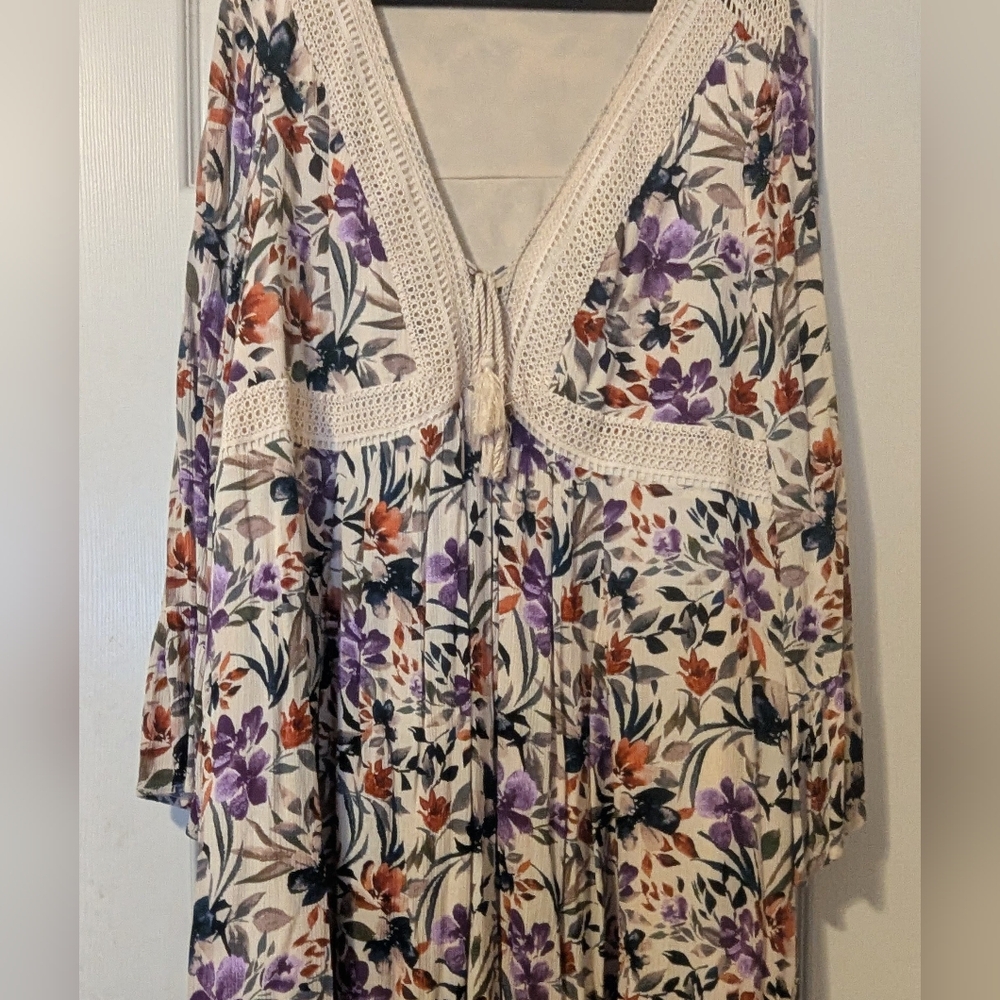 Torrid Mini Gauze Lace Up Skater Dress In Cream Floral - Picture 5 of 10